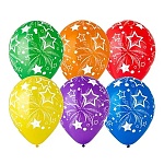 Шар латексный шелкография 12"/30см Звезды салют, ассорти из 6 цветов 1 дизайна