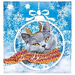 Наклейка " Мир поздравлений " 475 Новогодняя- Котик в шарфике, двусторонняя, 164*154мм, блестки в лаке, ПВХ