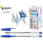 Ручка шариковая " Mazari " Nova синяя 1,0мм, толщина письма 0,5мм, пулевидный пишуший узел, пластиковый шестигранный прозрачный корпус, одноразовая, картонная упаковка