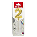 Свеча для торта цифра " KWELT " 2, золотая, 3*5*0,5см, на палочке, картонный блистер 5,7*16,5*1см, европодвес