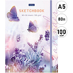 Скетчбук, белая бумага 100г/м2, А5, 130л, на резинке, спираль, без линовки, 80л- на спирали, 50л- склейка, обложка - ламинированный картон, " Hatber " Premium Нежность