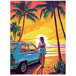 Картина по номерам " Lori " 30*40см Закат на берегу, состав набора: холст с контуром на подрамнике, краски, кисть, вспомогательный лист, акриловый лак, картонная упаковка