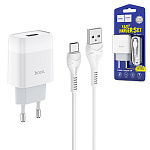 Зарядное устройство сетевое " Hoco " C72A Glorious белое, 2,1А, USB, пластик, кабель Type-C, 1м