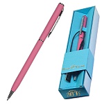 Ручка подарочная шариковая автоматическая " Bruno Visconti " Palermo синяя 0,7мм, толщина письма 0,5мм, поворотный механизм, корпус- латунь, покрытие soft touch, цвет корпуса коралловый, металлический наконечник, металлический клип, голубая картонная коро