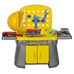 Игровой набор " Совтехстром " Мой верстак, в наборе: стол, уровень, ножовка, топор, молоток, ключ гаечный 2шт, плоскогубцы, напильник, болт 6шт, гайка 6шт, пластина 6шт., уголок, каска, тиски, картонная упаковка 64*32*55см