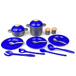 Игровой набор " Росигрушка " Набор посуды №6, в наборе: 2 кастрюли с крышками, 3 тарелки, 3 ложки, 2 шумовки, большая ложка, половник, солонка, перечница, в сетке