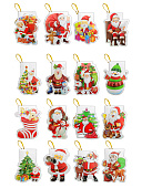 Бирка для букетов и подарков " KWELT " Новогодняя- Santa Claus, ассорти (16 дизайнов) 90*70мм, двойная, блестки, комплект 128шт, ПВХ блистер с кармашками