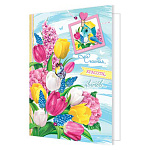 Бирка для букетов и подарков " Мир открыток " 2-71 8 Марта- Разноцветные тюльпаны, 115*85мм, блестки, текст