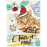 Открытка " Мир поздравлений " 150 Новогодняя- С Новым годом! Кот в шапке, 114*158мм, фольга, текст