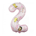 Шар фольгированный 40"/102см Цифра-2 Зверюшки с шарами, девочке