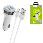 Зарядное устройство автомобильное " Hoco " Z40 Superior белое, 2,4А, 2 USB, пластик, кабель Type-C, 1м
