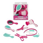 Игровой набор " Лена " Я-стилист Парикмахер, 11 предметов+буклет и загадки, в наборе: расческа, фен, расческа массажная, зеркало, ободок, ножницы, заколки 4шт, плойка