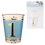 Стаканы бумажные " Веселый праздник " 260мл Золотая цифра 1 на голубом, в наборе 6шт