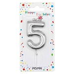 Свеча для торта цифра " KWELT " 5, серебряная, 6*4*1см, на палочке, картонный блистер 14*7*1,5см, европодвес