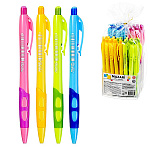 Ручка шариковая автоматическая " Mazari " Mellow синяя 0,8мм, пластиковый корпус, резиновый грип, сменный стержень 108мм, цвет корпуса - ассорти 4 дизайна, пластиковая подставка