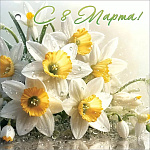 Бирка для букетов и подарков " Праздник " 060  8 Марта- Нарциссы и подснежники, 70*70мм, двойное сложение, глянцевый УФ-лак