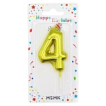 Свеча для торта цифра " KWELT " 4, золотая, 4*6*1см, на палочке, картонный блистер 5,8*15,7*1см, европодвес