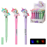 Ручка шариковая " Basir " Единорог синяя 0,5мм, толщина письма 0,25мм, цветной корпус, прорезиненный клип фонарик, ассорти, дисплей