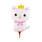 Шар фольгированный фигурный 13"/33см Котик белый корона на палочке, крепится с помощью розетки на палочку