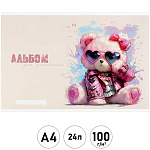 Альбом А4 24л " Феникс " Розовый мишка, на скобе, обложка- мелованный картон, сплошной глянцевый УФ-лак, блок- офсет 100г/м2