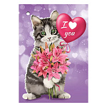 Бирка для букетов и подарков " Праздник " 060 I love you, Кот с цветами, 54*77мм, без отделки