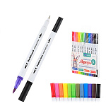 Набор аквамаркеров " Basir " 12 цветов, двухсторонние, наконечник пулевидный 0,4мм, кисть 1-4мм, вентилируемый колпачок, пластиковая упаковка