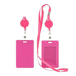 Бейдж " Basir " 105*65мм с рулеткой-ретрактором с вытяжной нитью, кожзам, вертикальный, 2 кармана, розовый