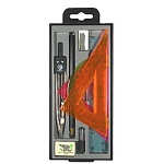 Набор чертежный с циркулем МАЛЫЙ 9 предметов: циркуль металлический 12,5см, линейка 15см, 2 угольника 30°х60°х90°/10см и 45°х45°х90°/8см, транспортир 180°, пластик цветной, карандаш, точилка, запасной грифель, ластик, пластиковый футляр, европодвес, " Гло