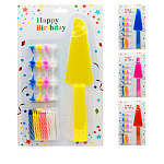 Набор свечей для торта с подставками " KWELT " Happy Birthday, 4цв 24шт, 5,5*0,5см, разноцветные подставки, лопатка для торта, картонный блистер 28*17*1,5см, европодвес