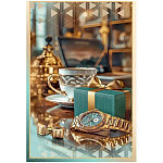 Открытка " Праздник " 445 Без названия- Мужская- Деловой стиль, золотые часы, запонки, кофе, 123*187мм, радужные блестки в лаке, без текста