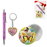 Набор подарочный " KWELT " 3в1 ручка шариковая автоматическая, синяя, брелок, зеркало, пластиковая упаковка, европодвес