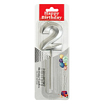 Свеча для торта цифра " KWELT " 2, серебряная, 3*5*0,5см, на палочке, картонный блистер 5,7*16,5*1см, европодвес