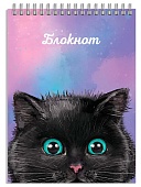 Блокнот МАЛЫЙ ФОРМАТ А7 спираль сверху 40л " Феникс " Черный кот, клетка, обложка - мелованный картон, выборочный УФ-лак, глиттер, белый офсет