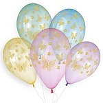 Шар латексный с рисунком 14"/36см Бабочки золотые, ассорти из 4 цветов, 1 дизайна