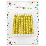 Набор свечей для торта с подставками " Happy Birthday " Золотые 8шт, 8*0,5см, с подставками, картонный блистер 16*12*1см, европодвес