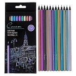 Карандаши " Сонет " металлик 12цв круглые деревянные, черное дерево, картонная упаковка, европодвес
