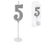 Свеча для торта цифра " KWELT " 5, серебро, 4*2*0,5см, на палочке с подставкой, пластиковая упаковка 9,5*3*1см, европодвес