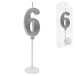 Свеча для торта цифра " KWELT " 6, серебро, 2*4*0,5см, на палочке с подставкой, пластиковая упаковка 9,5*3*1см, европодвес