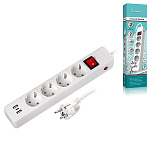 Сетевой фильтр " Smartbuy " 3м 4 розетки, 16А, 2 USB порта, 1 Type-C порт, защитные шторки, защита от короткого замыкания, защита от перегрева, белый