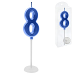 Свеча для торта цифра " KWELT " 8, синяя, 2*4*0,5см, на палочке с подставкой, пластиковая упаковка 9,5*3*1см, европодвес