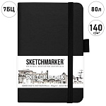 Блокнот для зарисовок " Sketchmarker " 9*14см 7БЦ на резинке 80л Черный, обложка - ПВХ, плотность 140г/м2, блок- слоновая кость, сшивка, ляссе, держатель для ручки