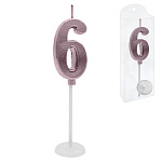 Свеча для торта цифра " KWELT " 6, светло-розовая, 2*4*0,5см, на палочке с подставкой, пластиковая упаковка 9,5*3*1см, европодвес