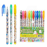 Набор гелевых ручек " Basir " Коты 12цв 1,0мм, ароматизированный, прозрачный с рисунком корпус, цвет колпачка соответствует цвету чернил, с блестками, упаковка ПВХ, европодвес