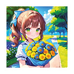 Бирка для букетов и подарков " Открытая планета " 060 Аниме девушка с букетом, 69*69мм, глянцевый УФ-лак