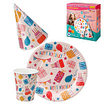 Набор для праздника " Миленд " С днем рождения, состав набора: тарелки 6шт, стаканы 6шт, колпаки 6шт