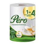 Полотенца бумажные 2-слойные " Pero " 1=4, со втулкой, 352л, 44м, белые, 100% целлюлоза, 12,5*23см, с перфорацией, h=23см, с принтом