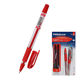 Ручка гелевая " Pensan " Soft Gel красная 0,5мм, толщина письма 0,3мм, игольчатый пишущий узел, прозрачный корпус, резиновый держатель, картонная упаковка