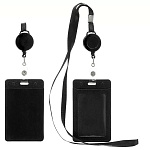 Бейдж " Basir " 105*65мм с рулеткой-ретрактором с вытяжной нитью, кожзам, вертикальный, 2 кармана, черный