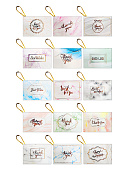 Бирка для букетов и подарков " KWELT " Thank you, ассорти (15 дизайнов) 65*90мм, двойная, тиснение фольгой, комплект 120шт, ПВХ блистер с кармашками