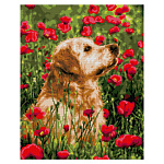 Картина алмазная " Lori " 40*50см Лабрадор в цветах, полное заполнение, основа с цветной схемой, комплект квадратных страз, стилус, лоток для страз, сухой клей, холст без подрамника с клеевой основой